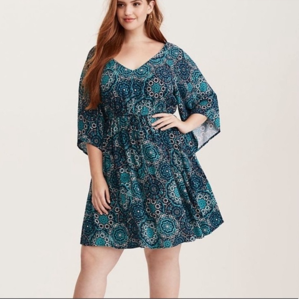 Torrid Medallion Print Lattice Challis Dress Teal and Black Patterned Dress